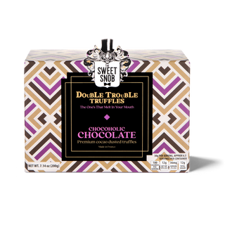 'double trouble truffles' box with geometric brown and purple design