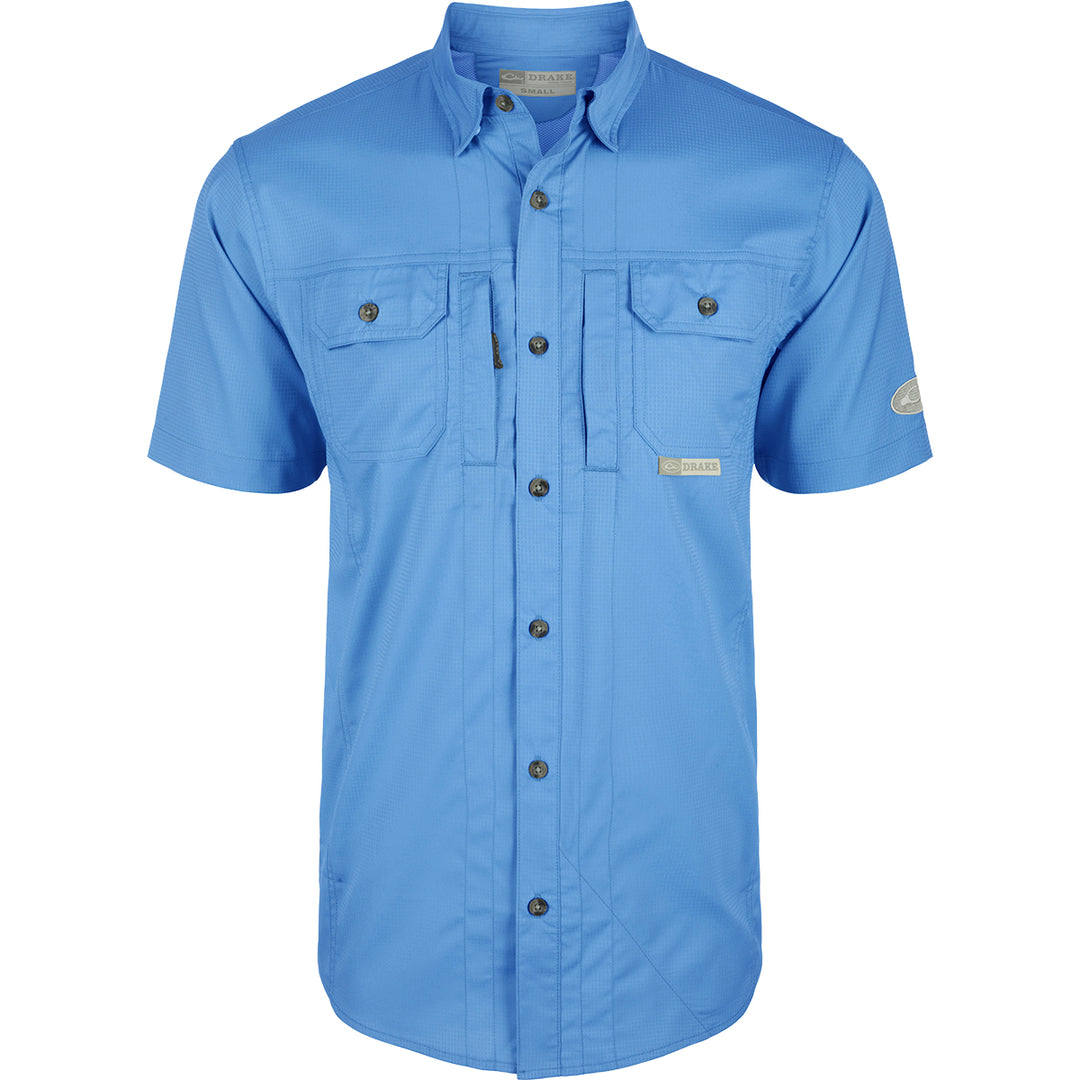 A light blue short-sleeve button-up shirt with two buttoned chest pockets, shown on a plain white background.