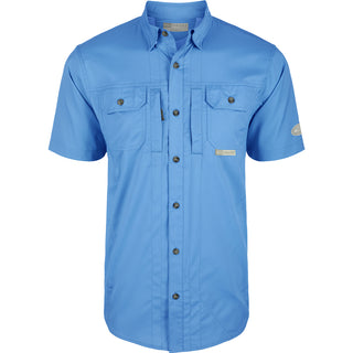 A light blue short-sleeve button-up shirt with two buttoned chest pockets, shown on a plain white background.