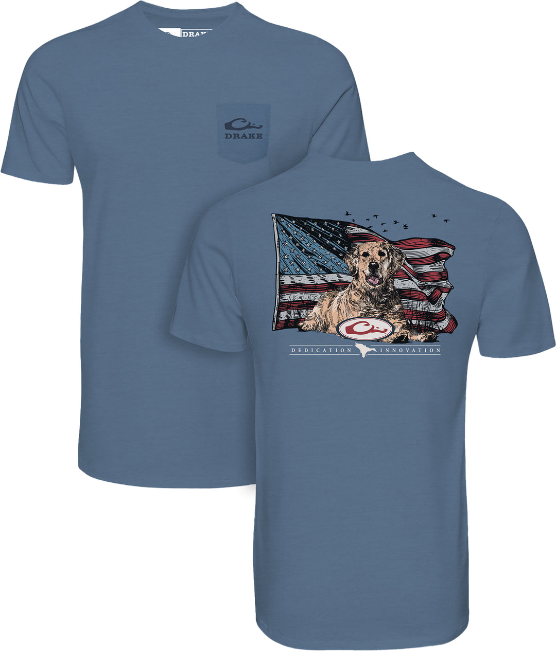 Blue t-shirt with a dog and American flag graphic on the back, brand logo visible.