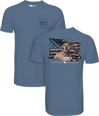 Blue t-shirt with a dog and American flag graphic on the back, brand logo visible.