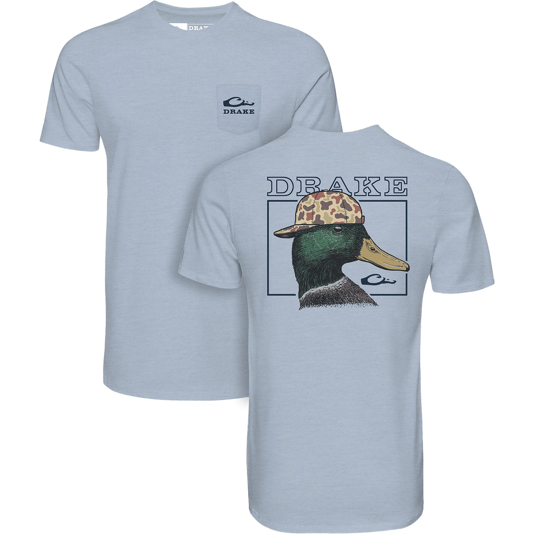 mens tshirt with mallard wearing backwards hat graphic