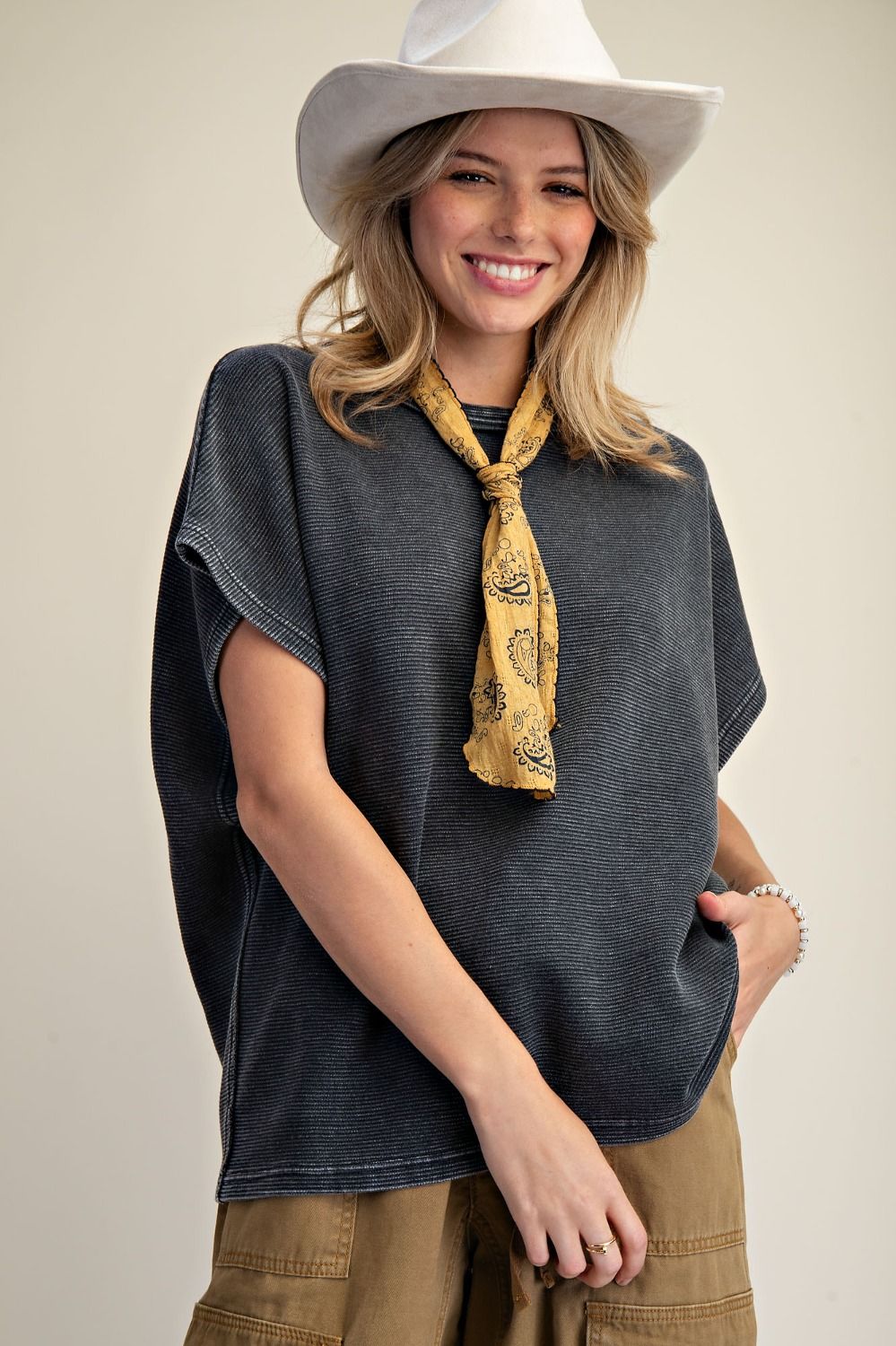 Drop Shoulder Washed Top in Black