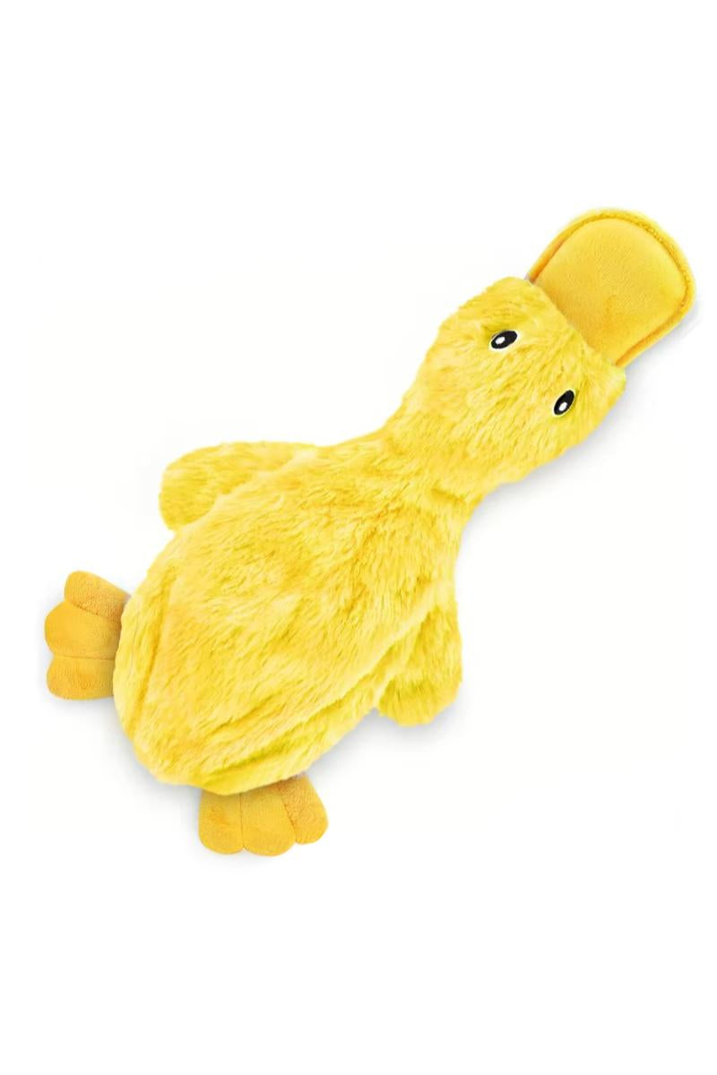 Yellow duck-shaped plush toy on a white background