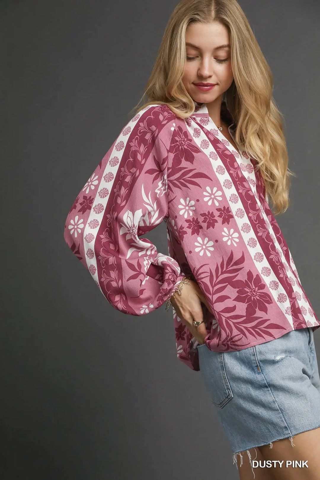 Boho Floral Stripe Blouse in Dusty Pink