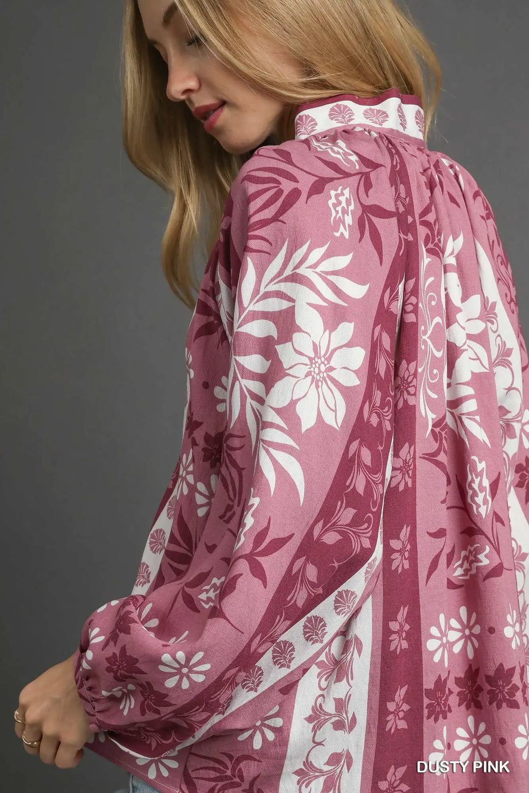 Boho Floral Stripe Blouse in Dusty Pink