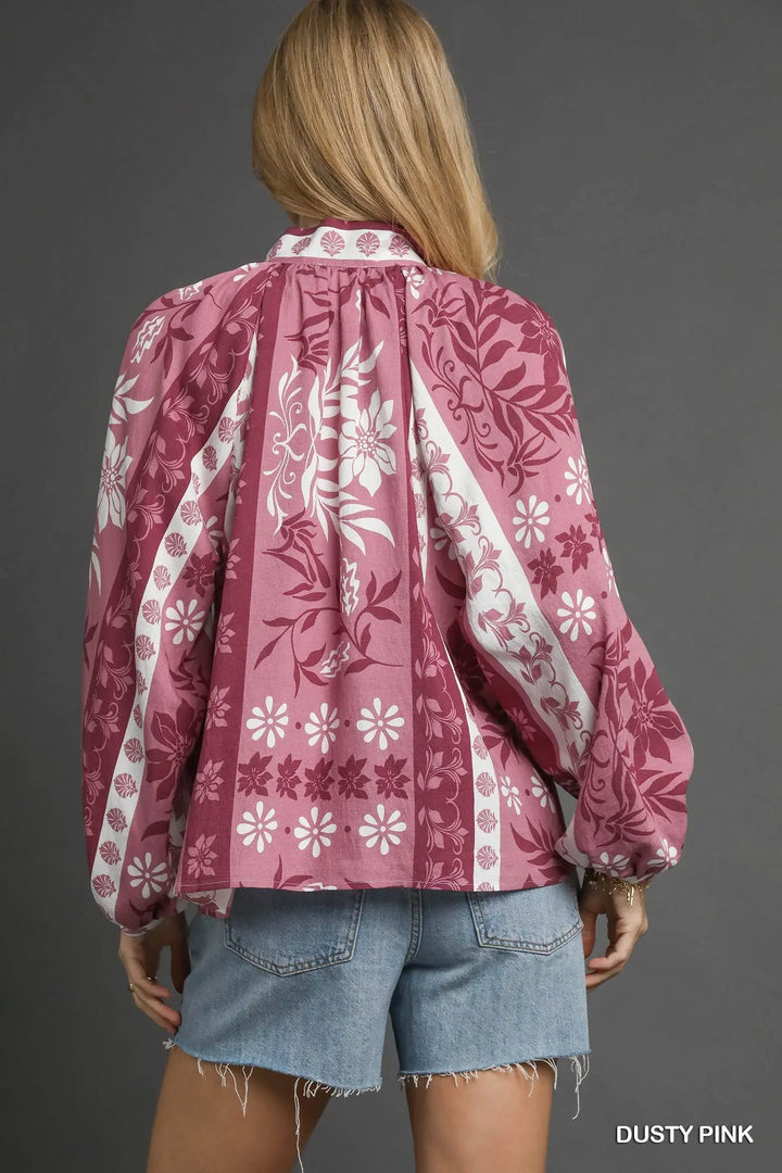 Boho Floral Stripe Blouse in Dusty Pink