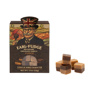 brown box of fudge with clear window to see product on a white backrgound