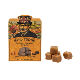 orange box of fudge with clear window to see product on a white background