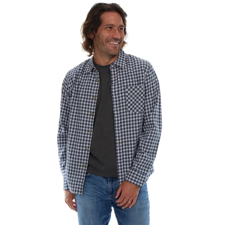 Man wearing a blue and white checkered shirt over a black t-shirt on a white background