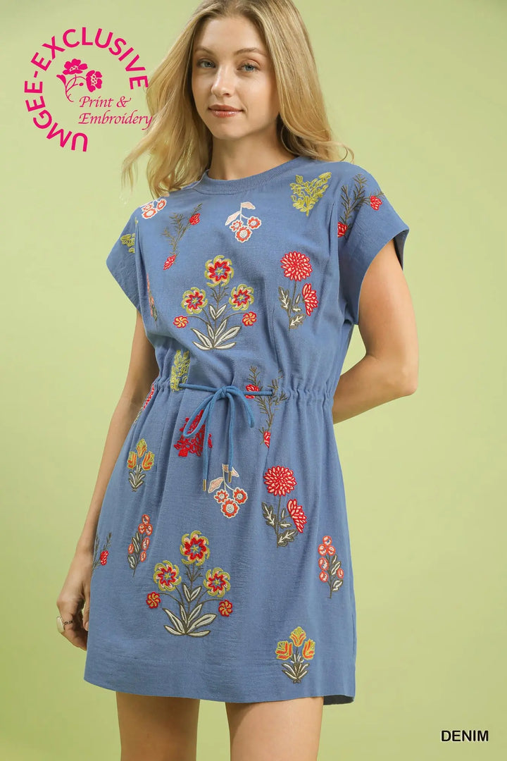 Embroidered Floral Mini Dress with Waist Tie in Denim