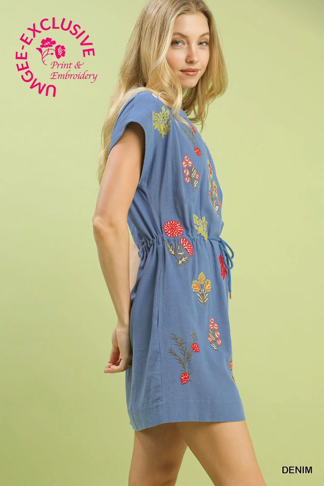 Embroidered Floral Mini Dress with Waist Tie in Denim
