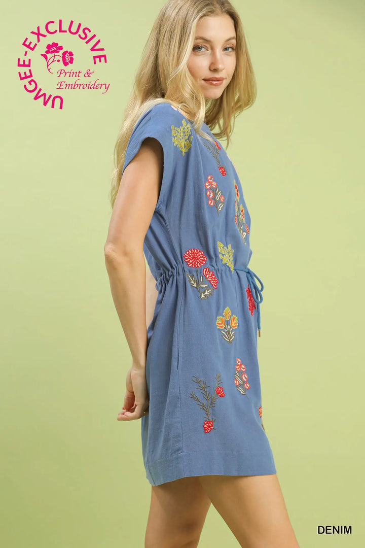 Embroidered Floral Mini Dress with Waist Tie in Denim
