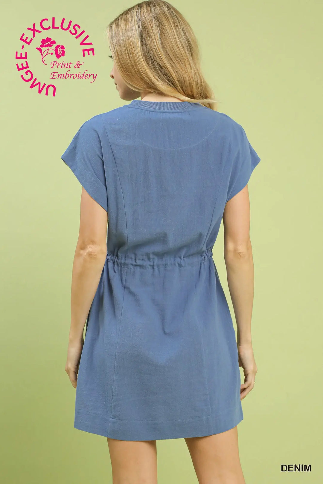 Embroidered Floral Mini Dress with Waist Tie in Denim