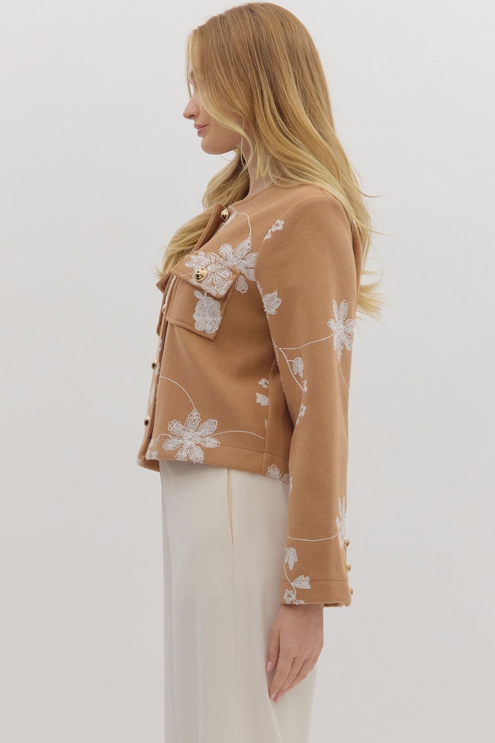 Botanical Embroidery Cropped Jacket in Camel