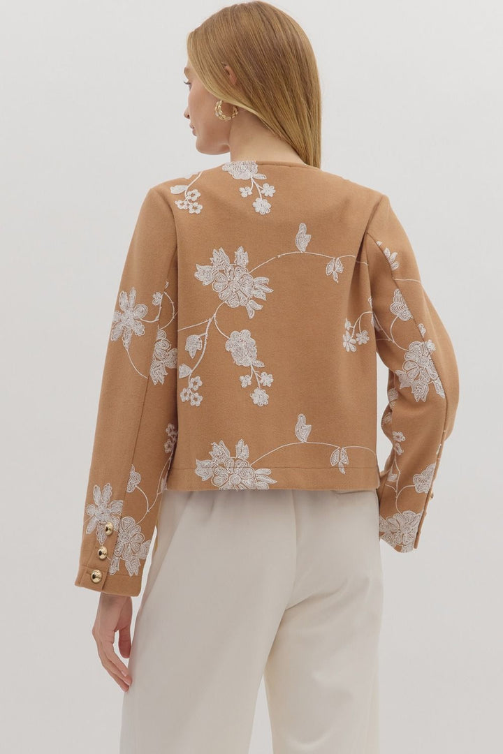 Botanical Embroidery Cropped Jacket in Camel