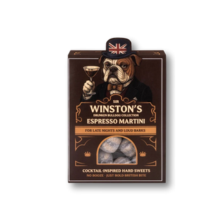 brown box with dog wearing a top hat with text 'sir winston's espresso martini flavored hard sweets'