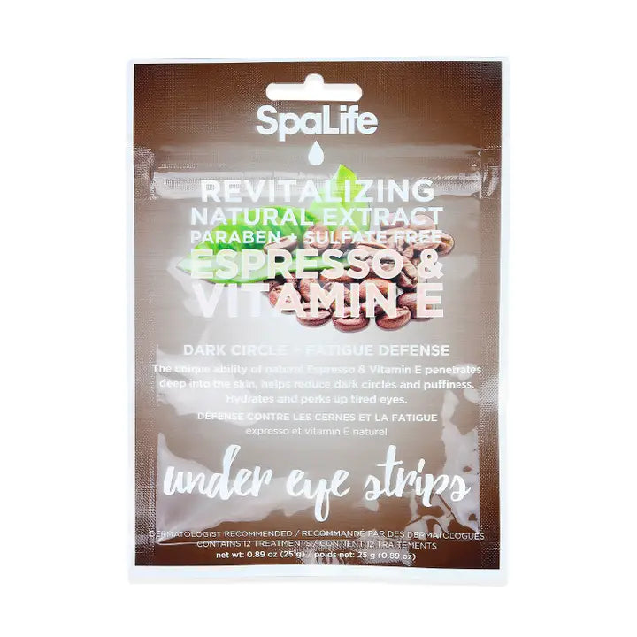 SpaLife under eye strips packaging with espresso and vitamin E ingredients on a white background