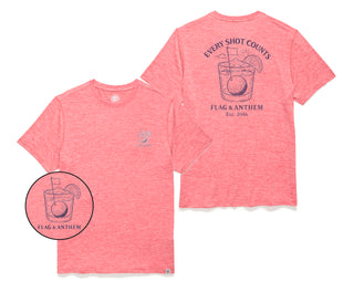 Pink t-shirt with 'Every Shot Counts' graphic and brand name on a white background