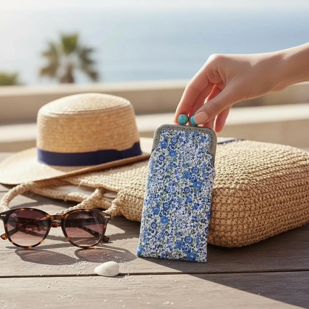 Hand holding a floral pouch with a straw hat, sunglasses, and shell on a wooden surface.