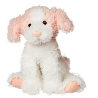 Plush toy dog with pink ears and paws on a white background