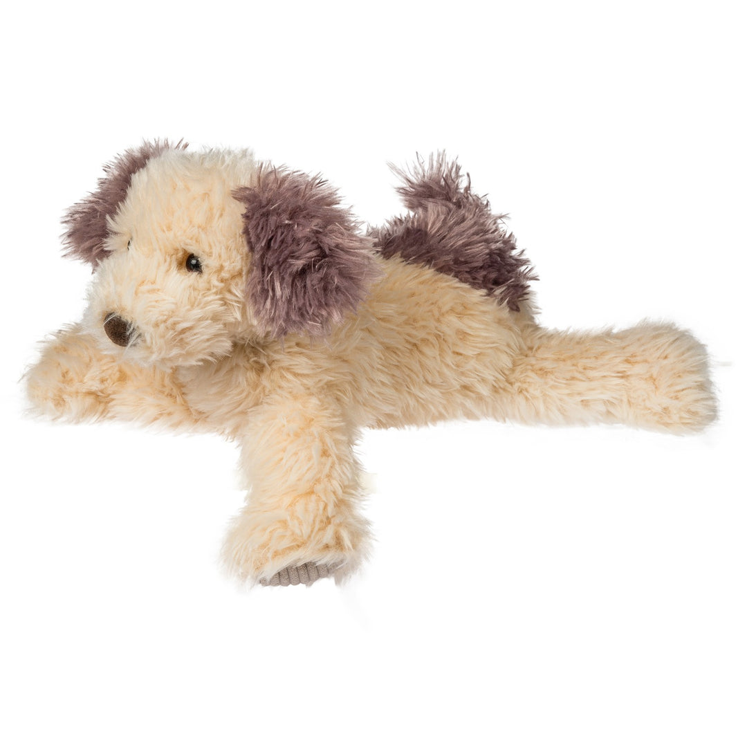 Plush toy dog with brown and beige fur on a white background