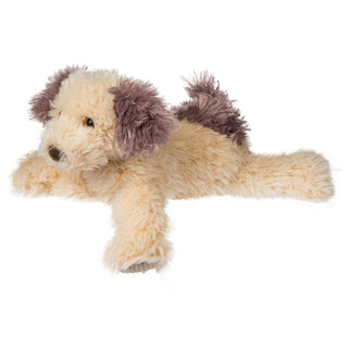 Plush toy dog with brown and beige fur on a white background