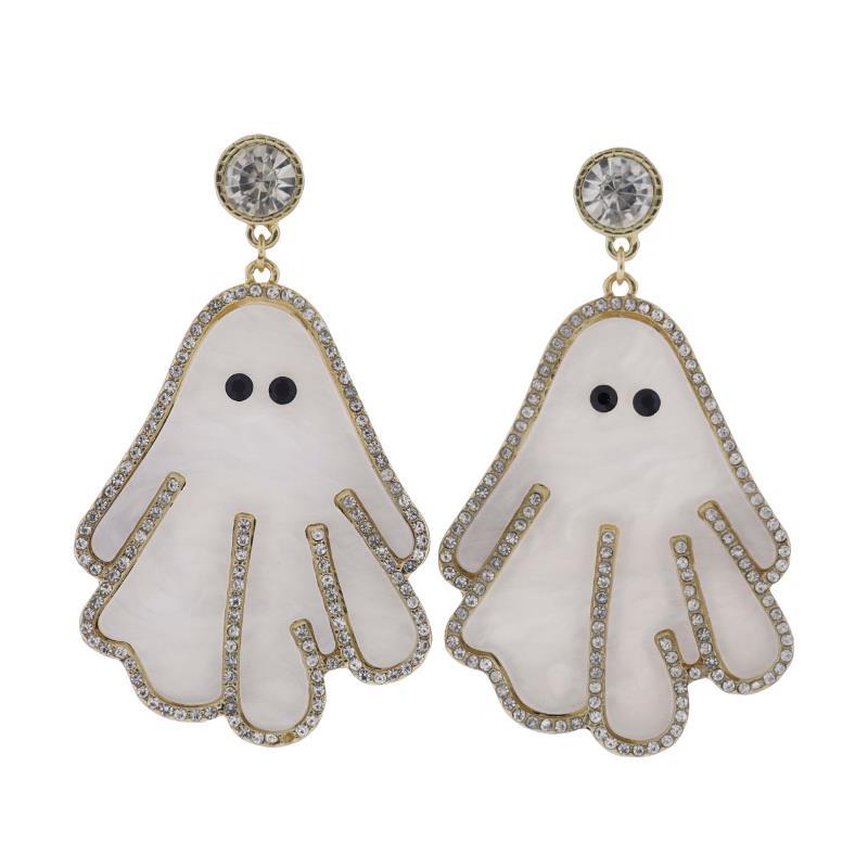 white ghost with a crystal outline dangling from a crystal post earrings