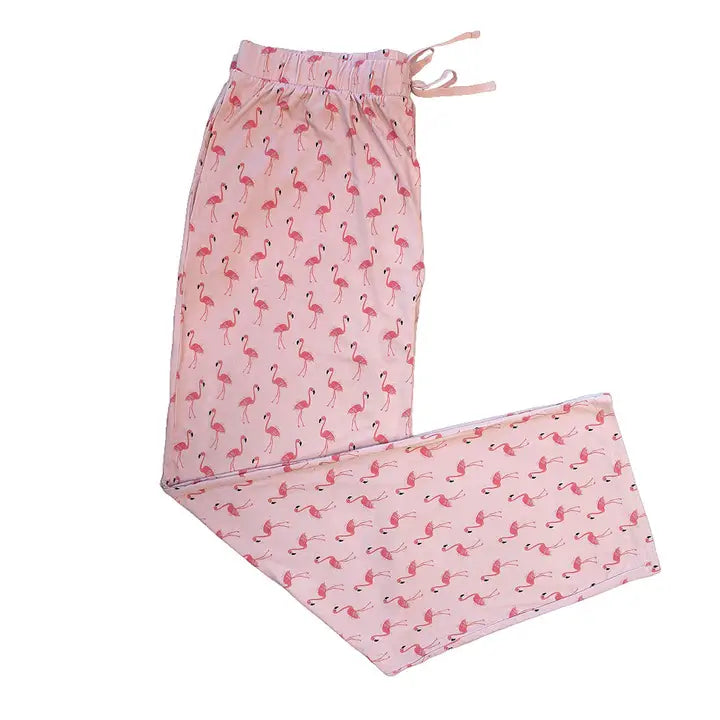 Pink pajama pants with flamingo pattern on a white background