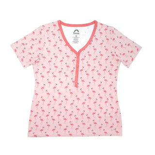 A short-sleeve V-neck t-shirt in light pink with an all-over flamingo print and a pink trim along the collar and split neckline.