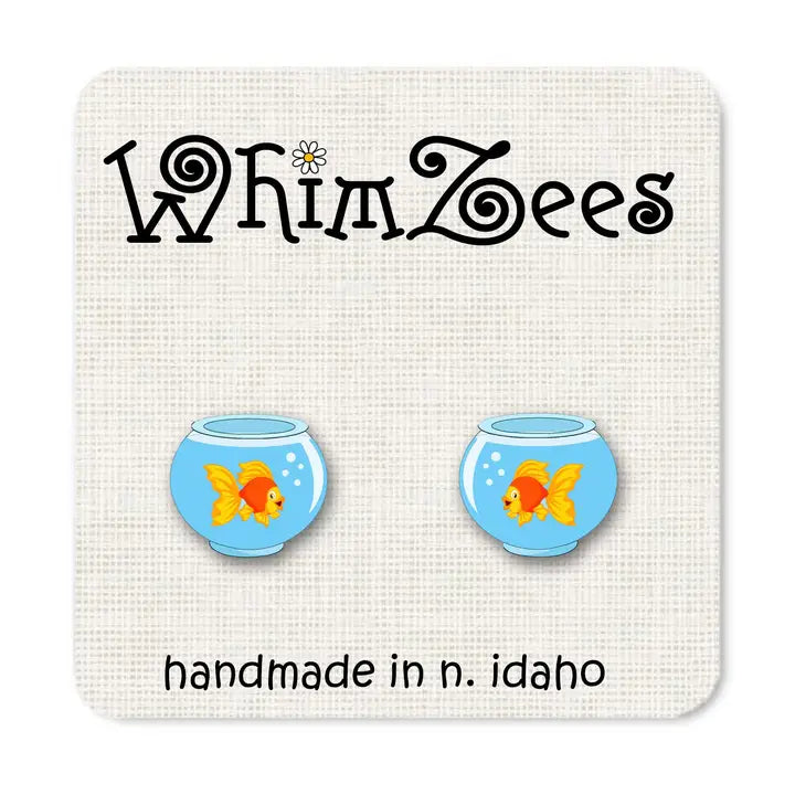 Goldfish bowl earrings on a 'WhimZees' branded card with text 'handmade in n. idaho'.