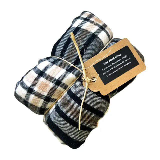 Plaid neck wrap with a label on a white background