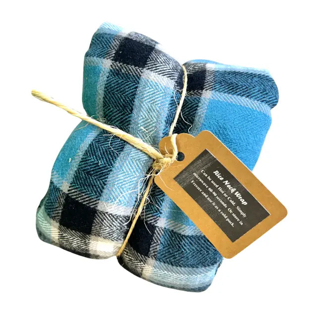 Blue and black plaid neck tie with a tag on a white background