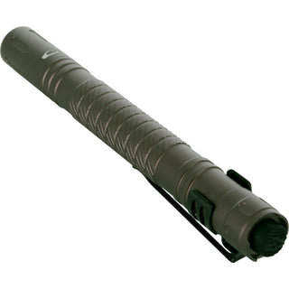 A tactical flashlight with a textured grip and black clip, shown diagonally on a plain white background.