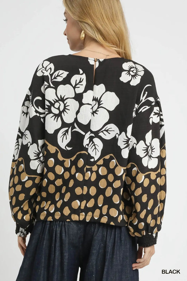 Floral Balloon Sleeve Top in Black