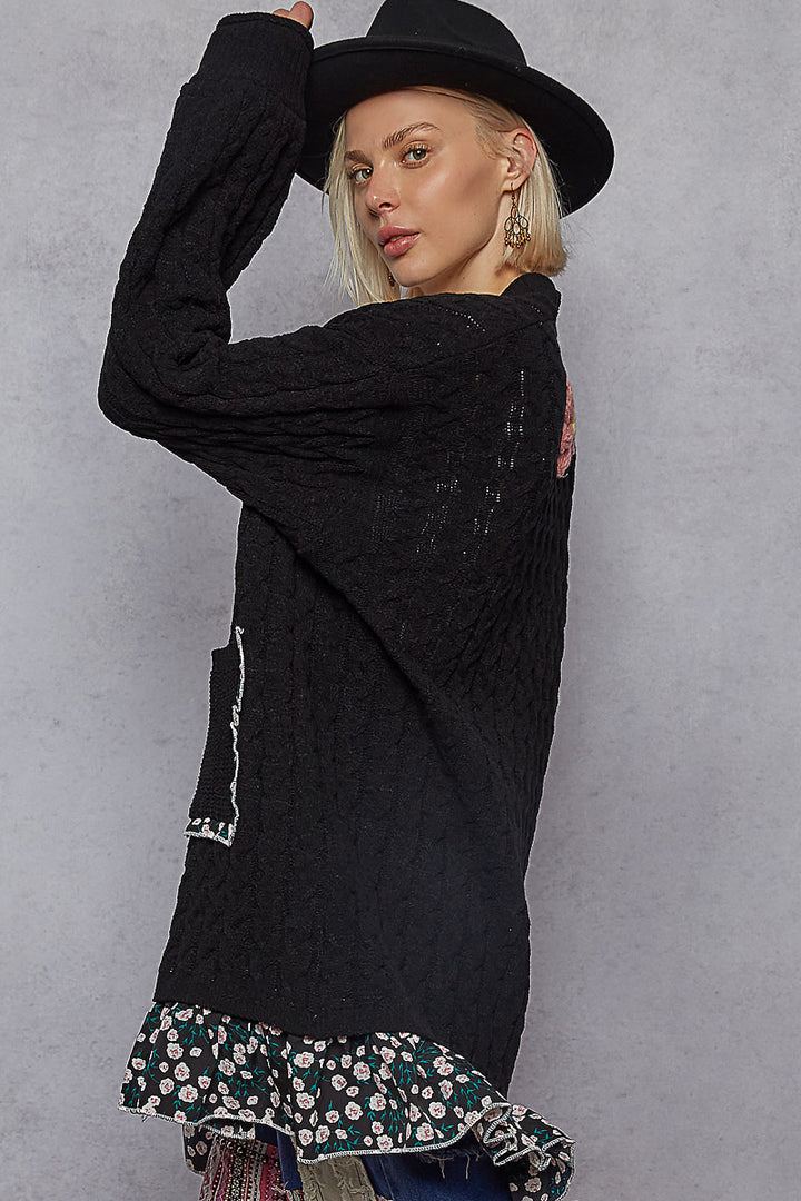 Floral Print Trim Knit Cardigan in Black