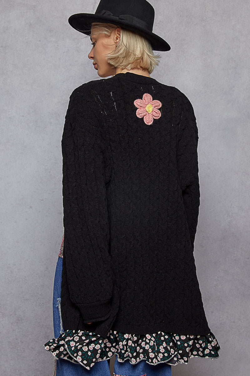 Floral Print Trim Knit Cardigan in Black