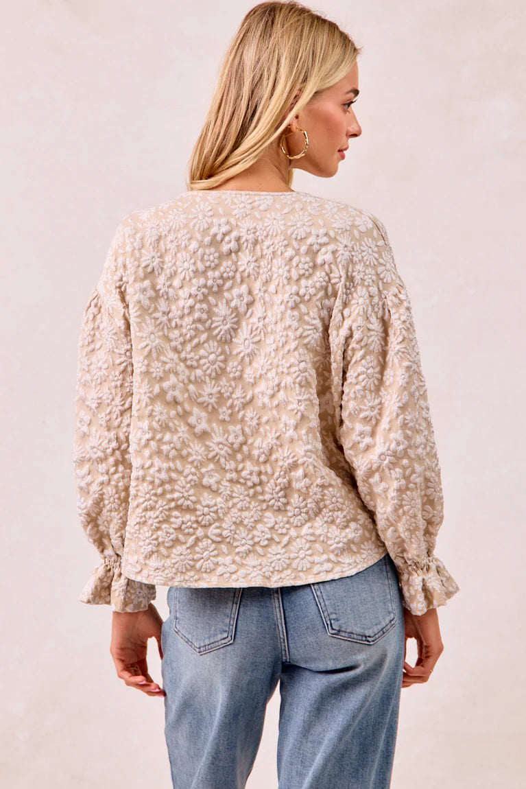 Floral V-Neck Cardigan Top in Oatmeal