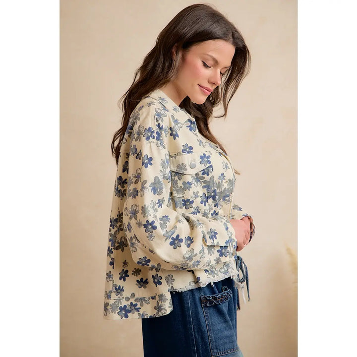 Cropped Floral Washed Denim Jacket