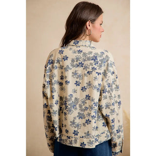 Cropped Floral Washed Denim Jacket