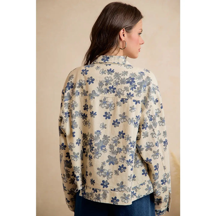 Cropped Floral Washed Denim Jacket