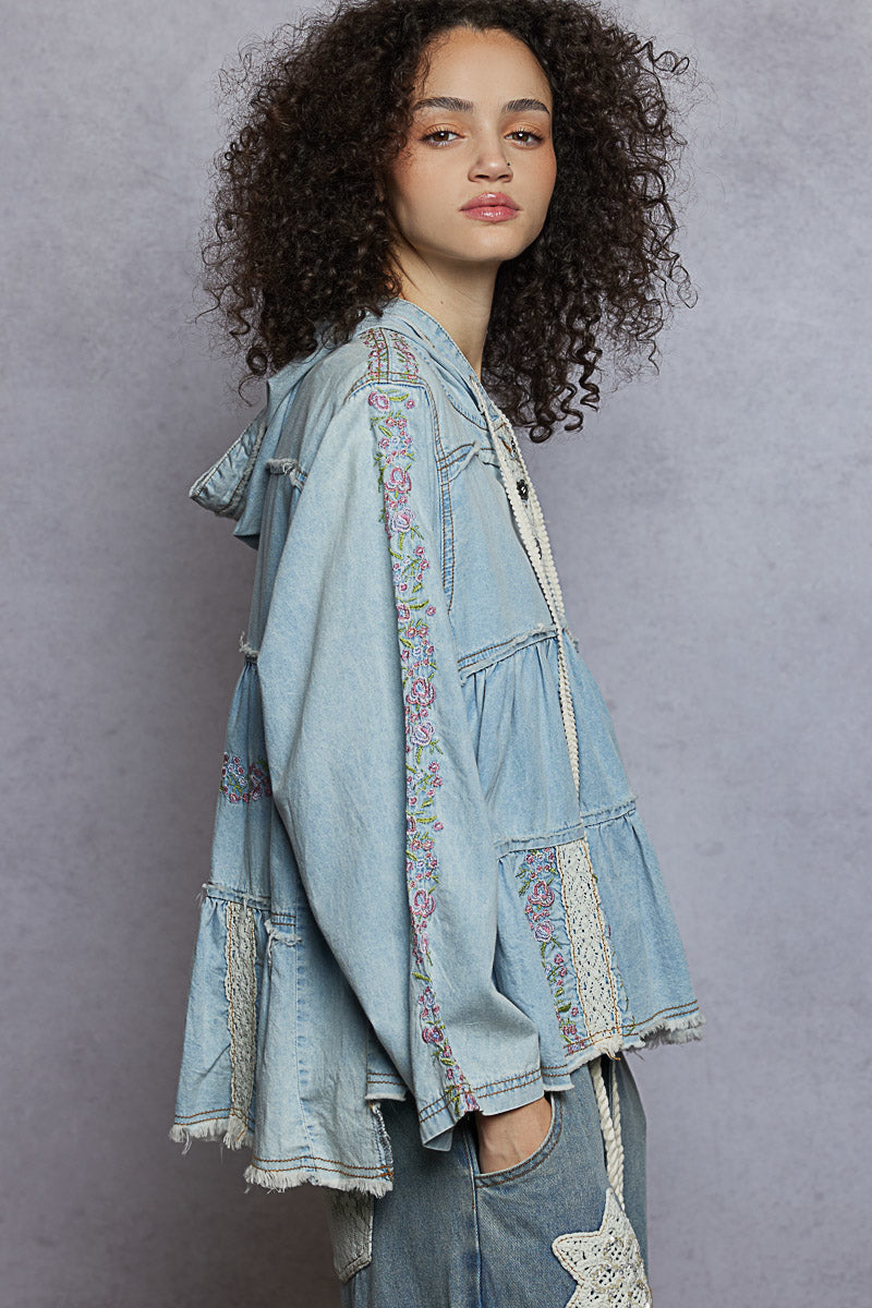 POL Denim Floral Embroidered Hoodie Top