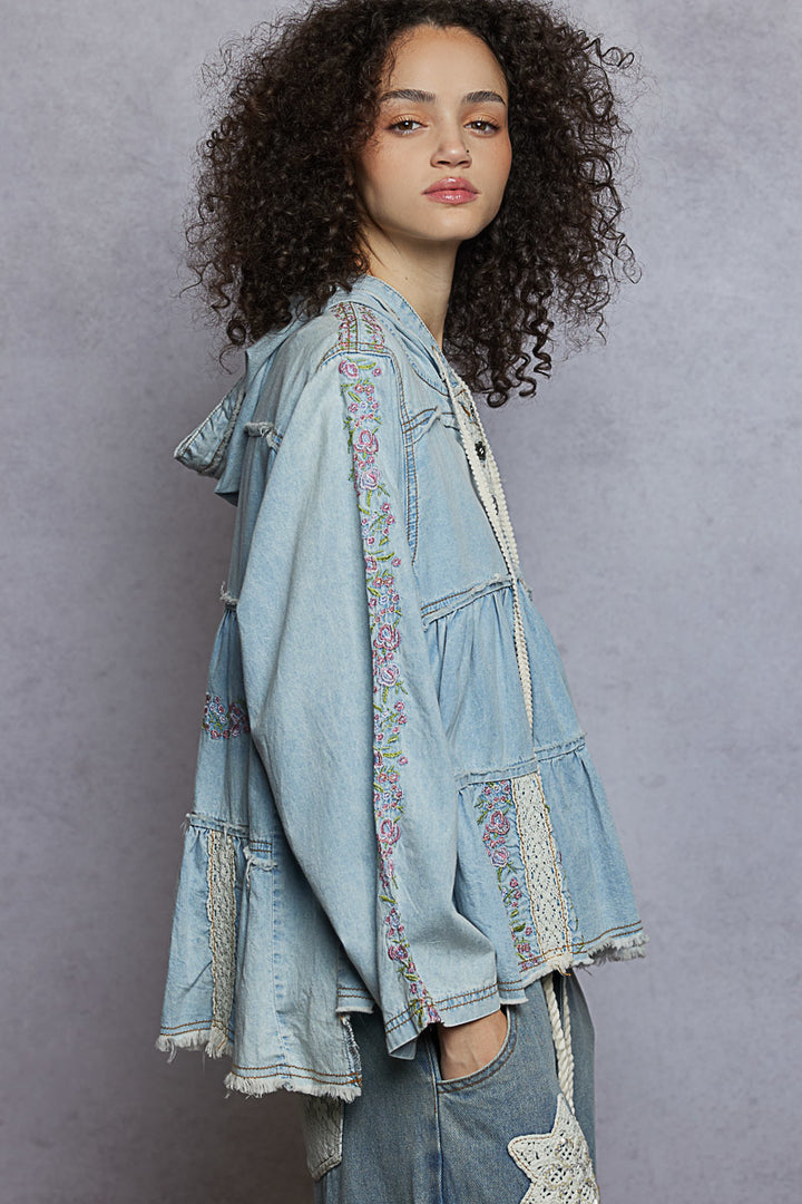 POL Denim Floral Embroidered Hoodie Top