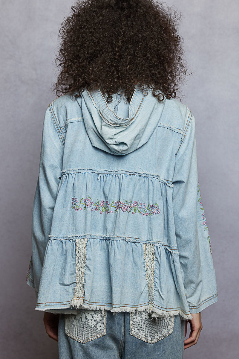 POL Denim Floral Embroidered Hoodie Top