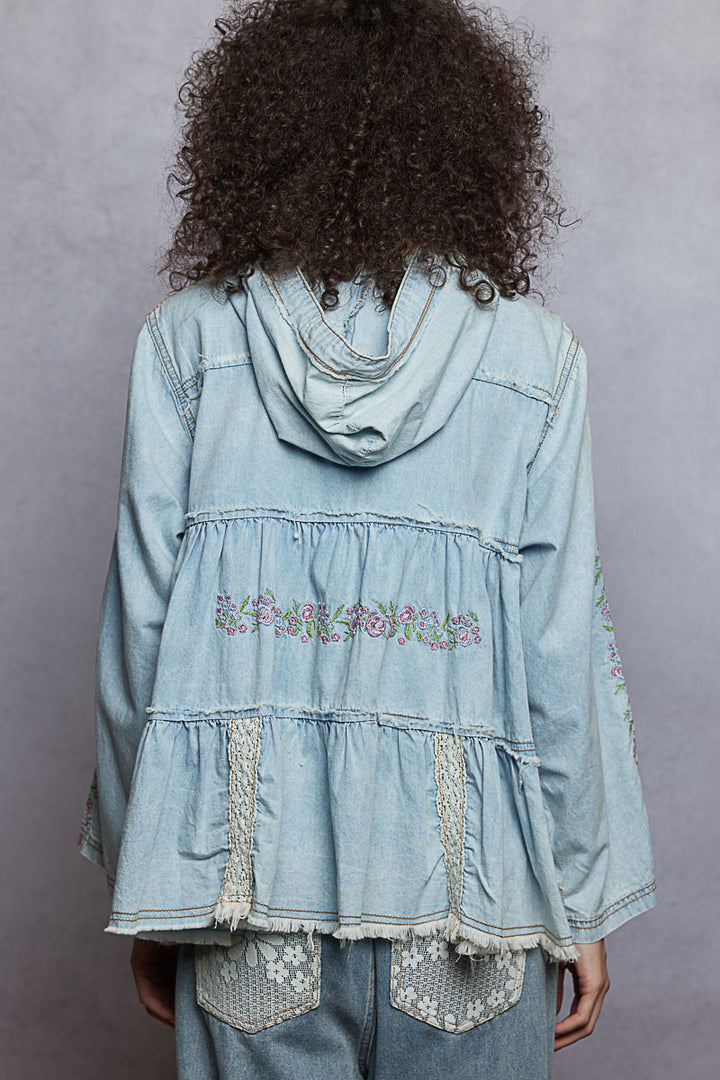 POL Denim Floral Embroidered Hoodie Top