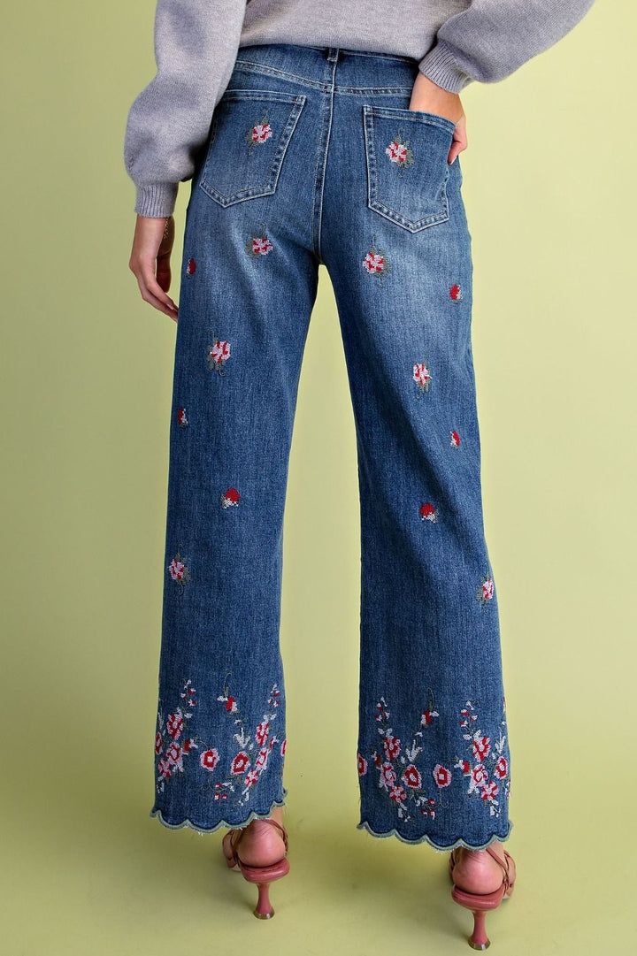 Floral Embroidery Scallop Hem Pants