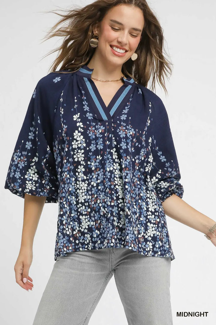 Floral Vine Print Balloon Sleeve Blouse in Midnight