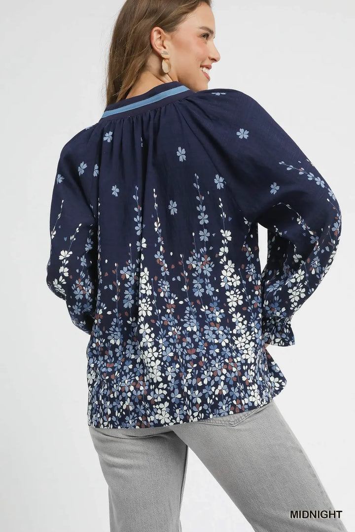 Floral Vine Print Balloon Sleeve Blouse in Midnight