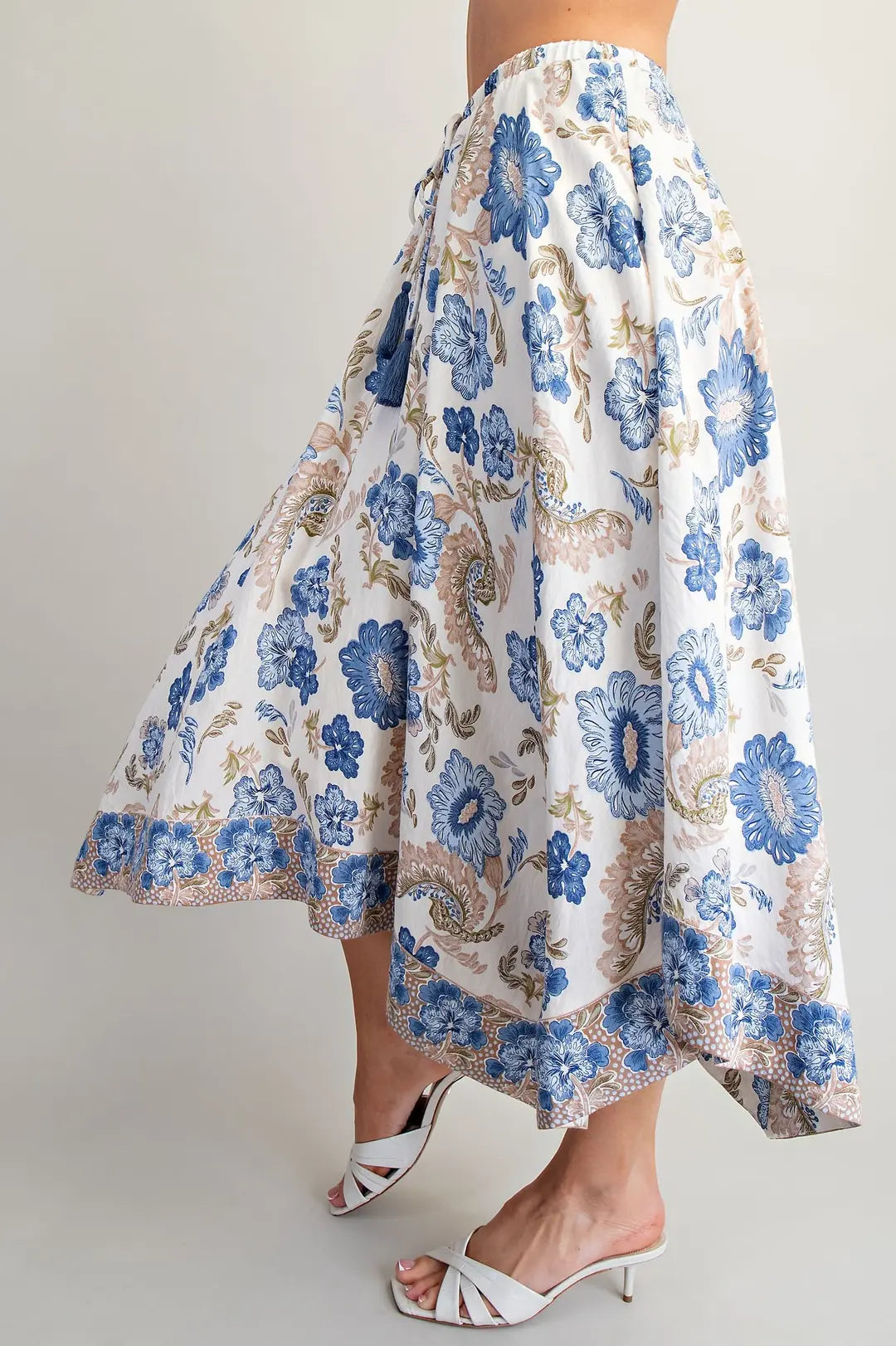 Floral Print Handkerchief Hem Midi Skirt in Blue Bell