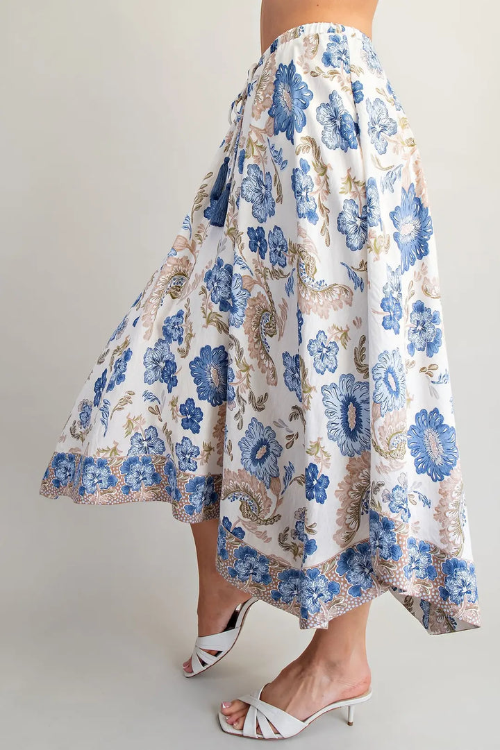 Floral Print Handkerchief Hem Midi Skirt in Blue Bell